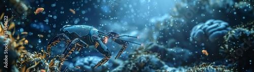A deepsea explorer robot captures images of unknown marine life, showcasing the unseen wonders of our planet, perfect for a scientific exploration banner with copy space photo