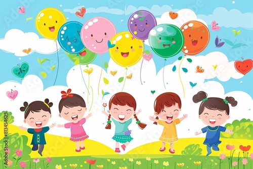 Happy children's day with toys background poster with happy kids vector illustration.