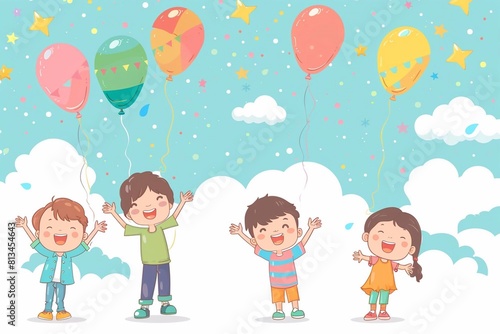 Happy children s day with toys background poster with happy kids vector illustration.