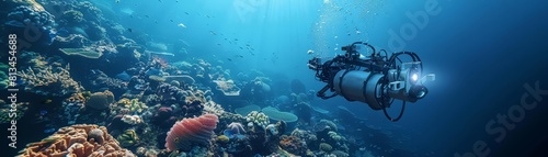 A deepsea explorer robot captures images of unknown marine life, showcasing the unseen wonders of our planet, perfect for a scientific exploration banner with copy space
