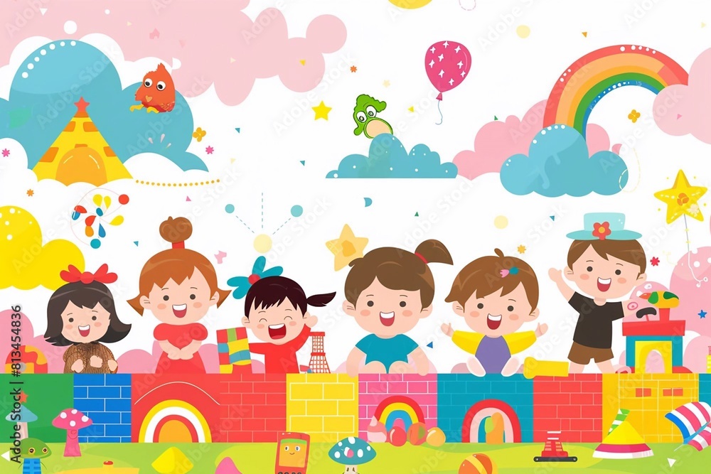 Happy children's day with toys background poster with happy kids vector illustration.