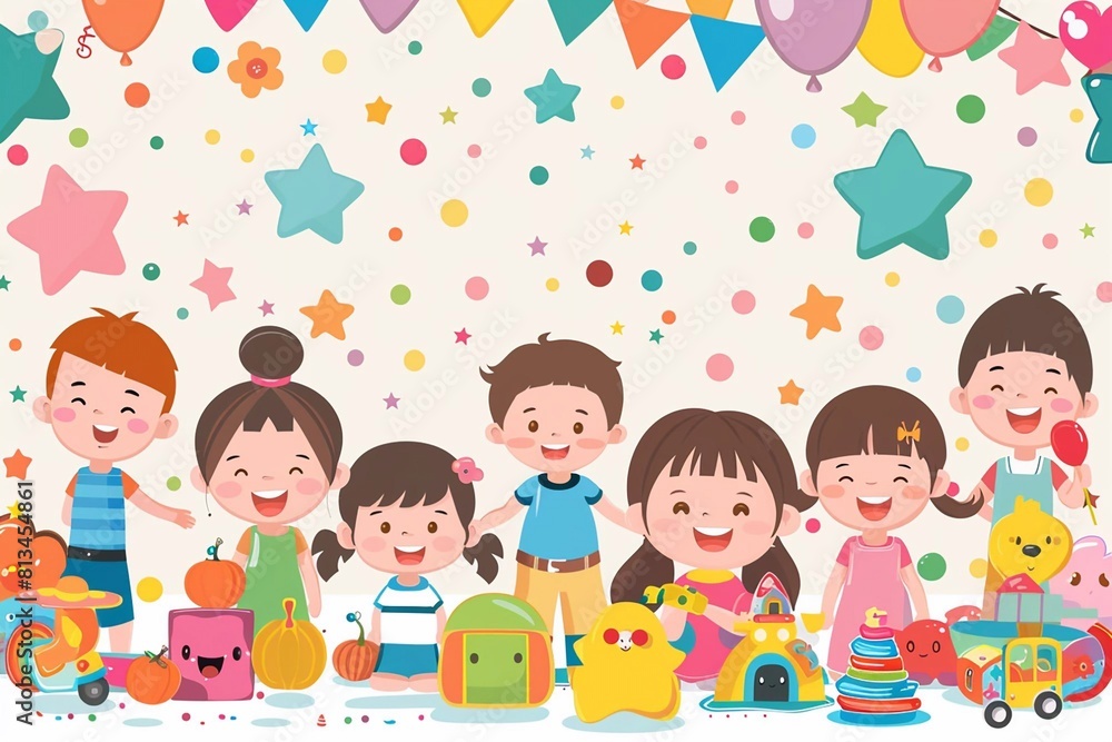 Happy children's day with toys background poster with happy kids vector illustration. Happy children's day with toys background poster with happy kids vector illustration.
