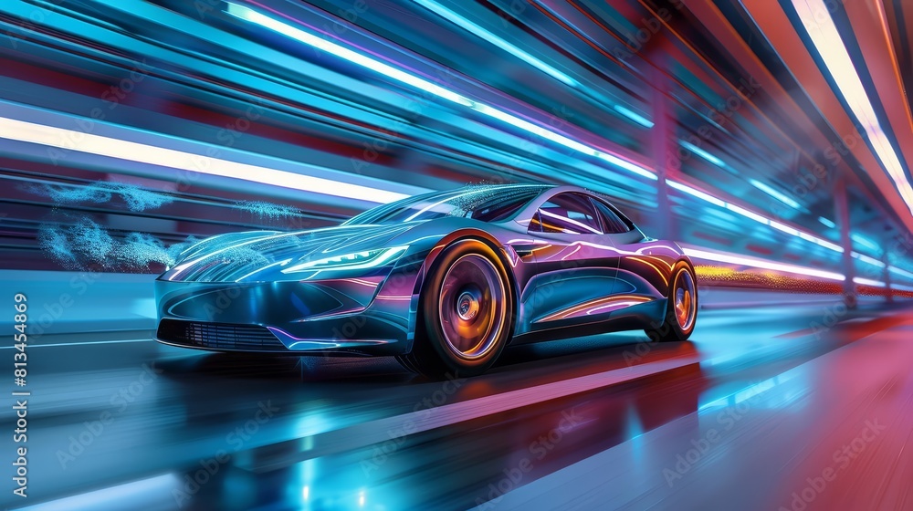 A futuristic electric car zooms through a glowing city tunnel