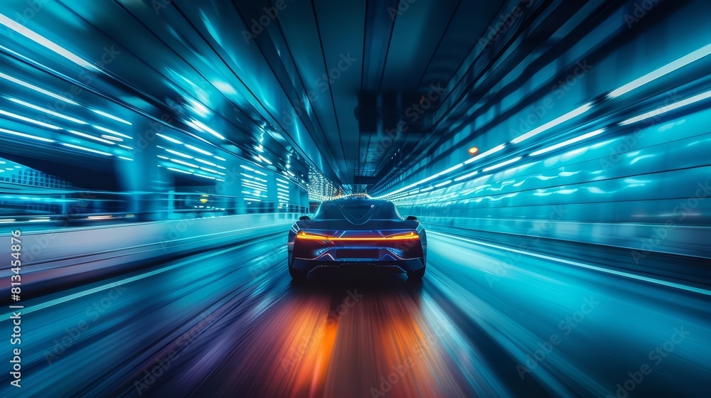 A futuristic electric car zooms through a glowing city tunnel A futuristic electric car zooms through a glowing city tunnel