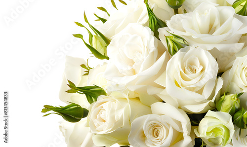 Bouquet of white roses and eustoma flowers isolated on white background