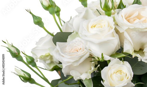 Bouquet of white roses and eustoma flowers isolated on white background