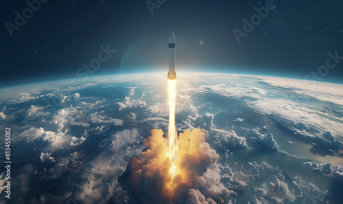 The rocket that leaves Earth's atmosphere is a manifestation of human technology and perseverance, traversing the boundaries between sky and space.