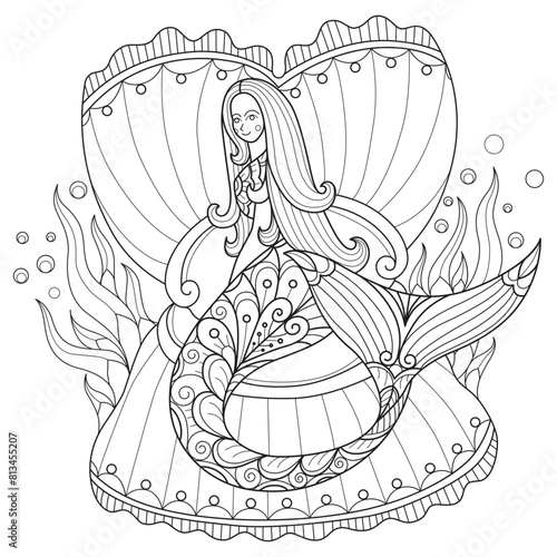 Mermaid and shellfish hand drawn for adult coloring book