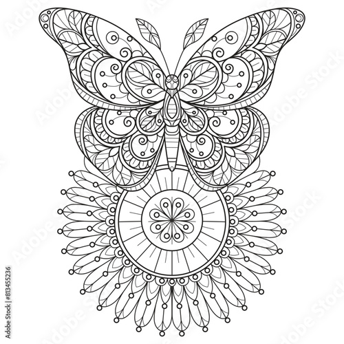 Sun flower and butterfly hand drawn for adult coloring book