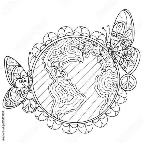 World and butterfly hand drawn for adult coloring book