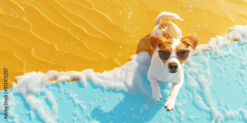 A dog lounging on the beach in sunglasses, enjoying the sunny weather and vacation vibes