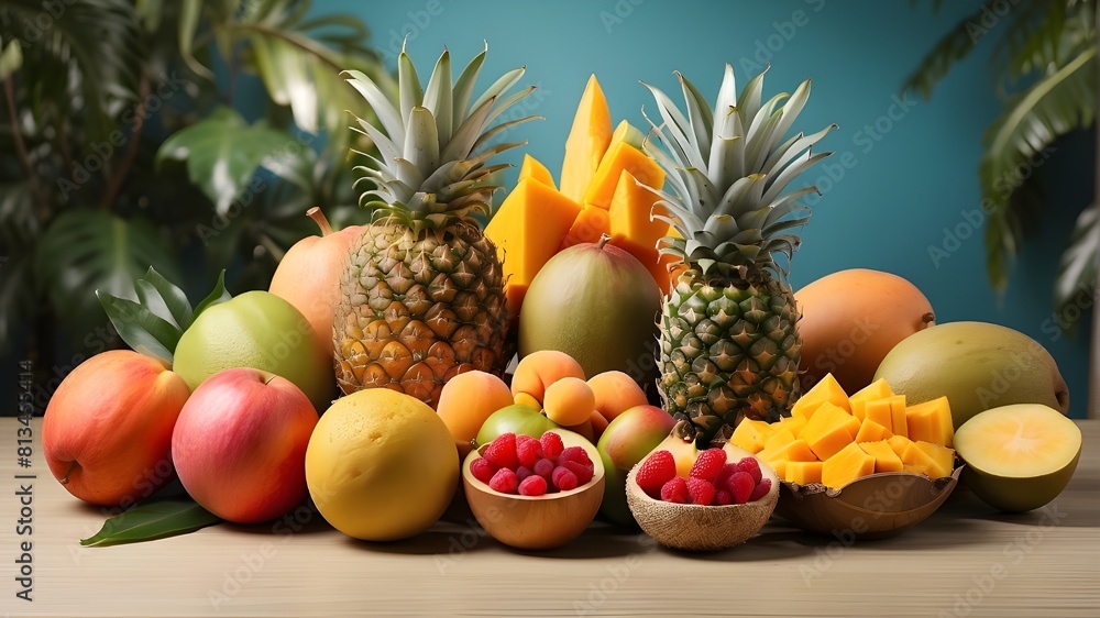 An assortment of tropical fruits, such as pineapple, mango, and papaya. --ar 3:2 --v 4 An assortment of tropical fruits, such as pineapple, mango, and papaya. --ar 3:2 --v 4