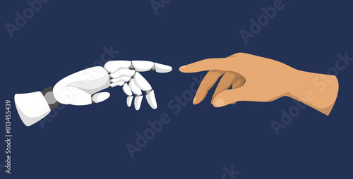 Robotic and human hands vector isolated. Fingers pointing at each other. Concept of future technology and artificial intelligence.