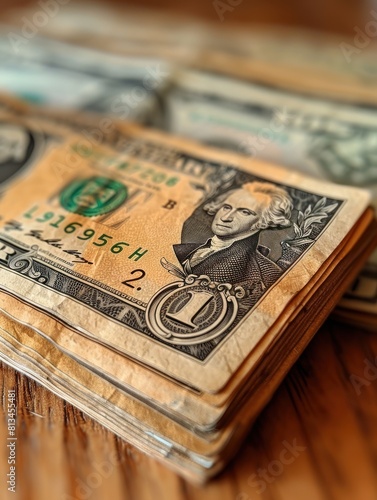 Stacking Fortunes: US Dollar Bills on a Rustic Wooden Table