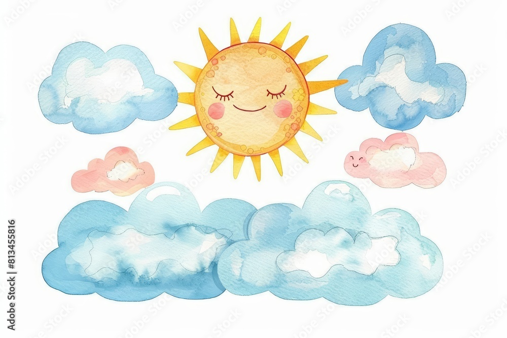 A kawaii watercolor of fluffy clouds and a smiling sun above a cheerful landscape, Clipart isolated on white A kawaii watercolor of fluffy clouds and a smiling sun above a cheerful landscape, Clipart isolated on white