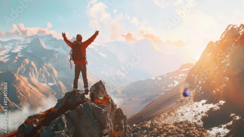 A person celebrates reaching the top of a challenging hike, displaying a sense of accomplishment and enjoying the view photo