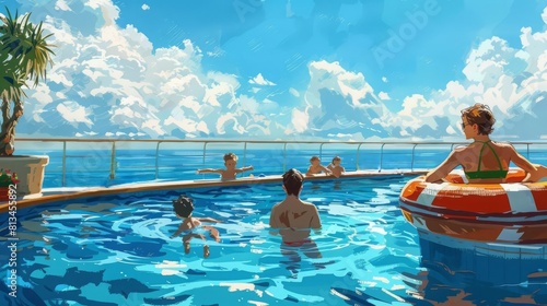 11 Parents teaching their kids to swim in the cruise ship s pool under the summer sun photo