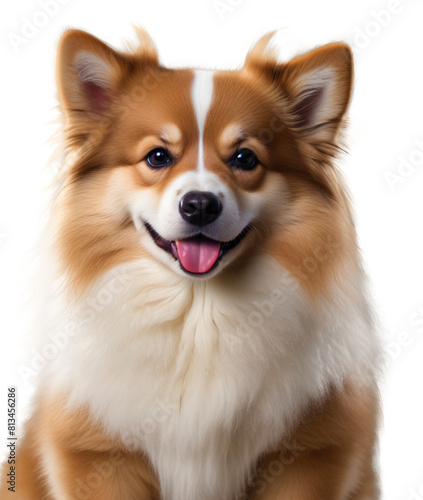 Smiling dog on isolated transparent background PNG. Bright cute dog on white background with space for text. Copy space. Puppy with red hair. Concept with animals. Social media, presentation, website