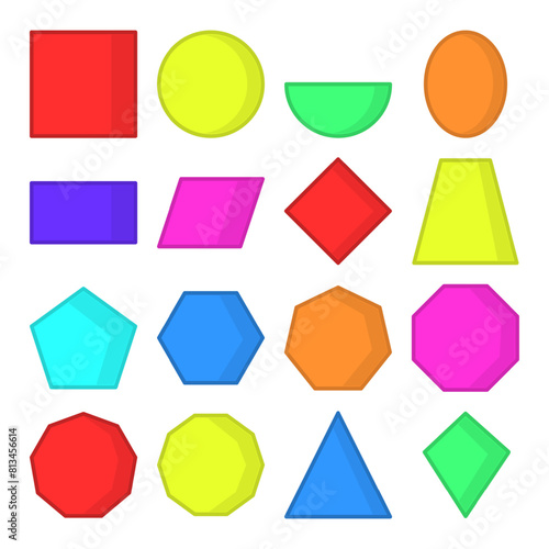 Geometric shapes icon set vector isolated. Collection of colorful 2D shapes. Square, octagon and oval. Concept of school, geometry and education.