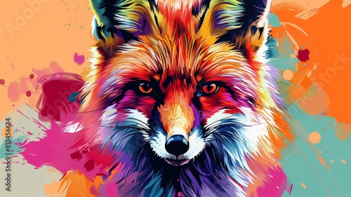 Capture the essence of a wild fox with vibrant, exaggerated colors in a pop art style Showcase its cunning eyes and fluffy fur with a comic book flair photo