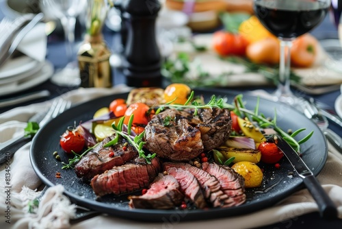 Envision an elegant dinner setting featuring grilled steak and vegetables  styled in a minimalist black and white theme for an upscale menu showcase
