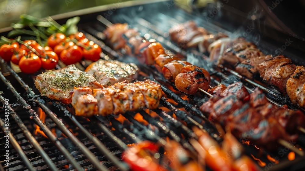 A grill full of meat and vegetables, including shrimp and mushrooms A grill full of meat and vegetables, including shrimp and mushrooms