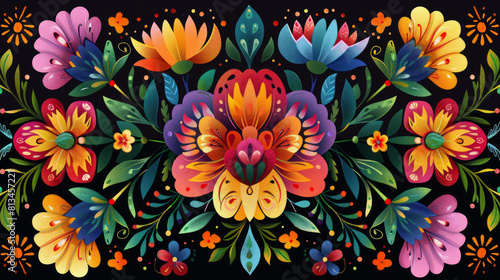 a colorful floral design on a black background