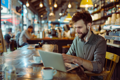 Young Entrepreneur Engaged in Work at a Busy Coffee Shop