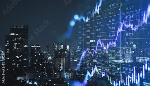 Creative candlestick forex chart with index on blurry dark night city wallpaper with mock up place. Trade, finance and stock exchange concept. Double exposure.