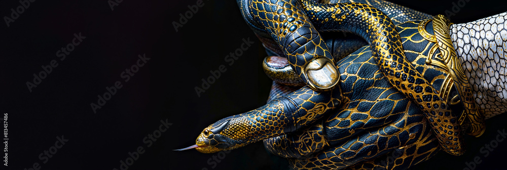 Fototapeta premium Snake Illusion: Hand Painted to Resemble a Serpent with a Finger as the Head. Black background, banner.