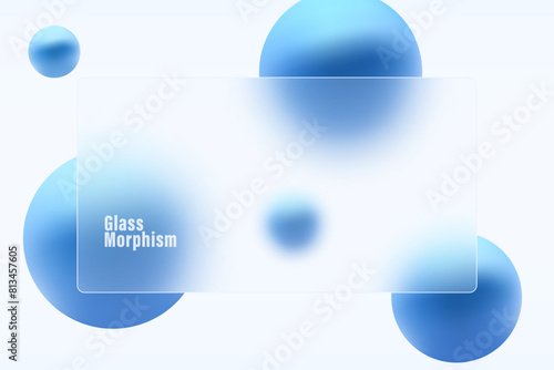 Glass morphism website landing page template. Frosted glass partition with floating blue spheres.