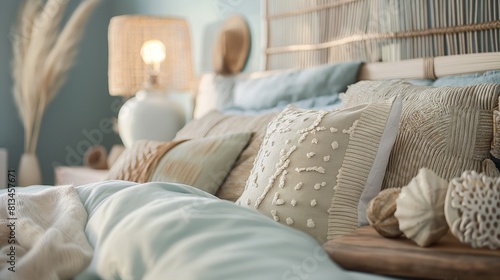coastal-inspired bedroom decor, featuring a soft color palette of blues and whites, nautical accents, and natural textures like rattan and driftwood, evoking a serene seaside 