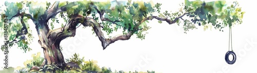 A watercolor of an old, twisted oak tree with a tire swing hanging from a branch, invoking nostalgia, Clipart isolated on white