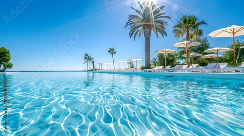 Crystal clear blue swimming pool under the bright summer sun. Surrounding white sunbeds with shade umbrellas.