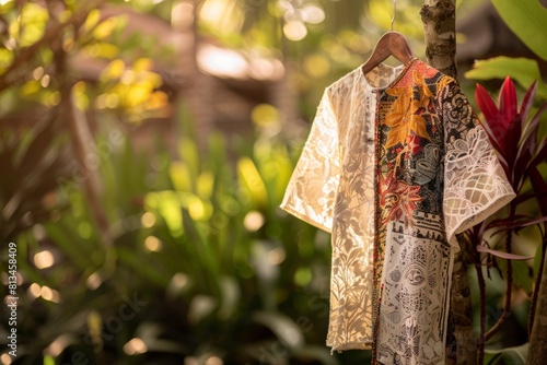 A Balinese kebaya blouse paired with a sarong, displayed in a tropical garden setting, showcasing its intricate lacework and batik patterns, Generative AI photo