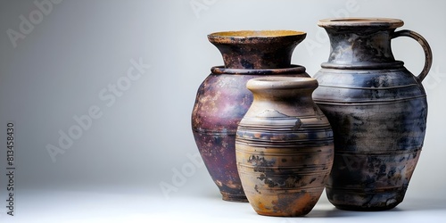 Three ancient pottery urns on a white background crafted using traditional methods. Concept Ancient Pottery, Traditional Craftsmanship, Urns, White Background, Historical Artifacts © Anastasiia