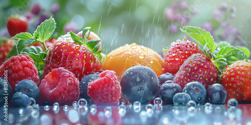 Summer berries and fruits under rain, water drops on garden raspberry, strawberry, blueberry with leaves background. Red, blue fresh food. Mix natural dessert, garden closeup gourmet, berry fruit