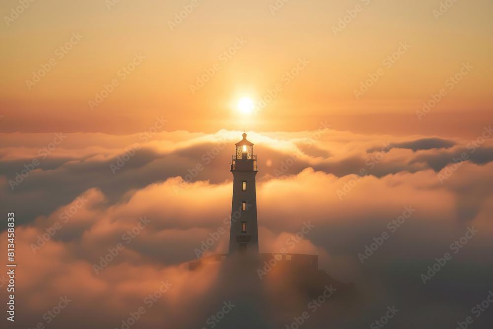 Generative ai on theme of large retro lighthouse with beam of bright light shining out to blue sea Generative ai on theme of large retro lighthouse with beam of bright light shining out to blue sea