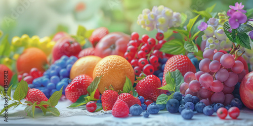 Summer berries and fruits, garden raspberry, strawberry, blueberry, grapes with flowers and leaves background. Red, blue, orange fresh food. Mix natural dessert, garden closeup gourmet, berry fruit