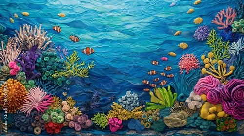 coral reef underwater  where colorful marine life in shades of blue  green  yellow  and purple pop against the backdrop of the ocean floor  illustrating the vibrant color diversity 