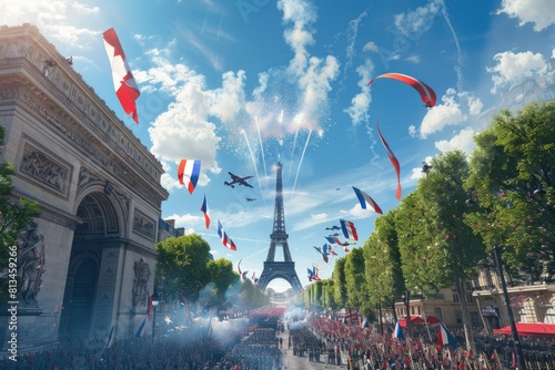 Fototapeta Naklejka Na Ścianę i Meble -  Bastille Day celebrations in Paris with a military parade and fireworks at the Eiffel Tower