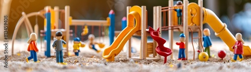 Colorful wooden figures of children play on a miniature playground, each slide and swing carefully crafted to reflect joyful childhood moments