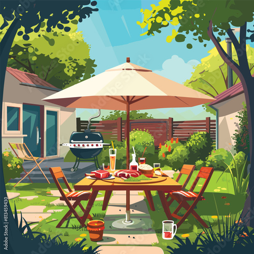 Wooden picnic table with benches on park background,Picnic Background Invitation Template	