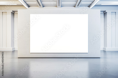 Fototapeta Naklejka Na Ścianę i Meble -  Blank white poster in a gallery with white walls, large frame, contemporary exhibition space concept. 3D Rendering