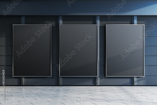 Empty dark gray linear blinds gallery wall with mock up banners. Museum concept. 3D Rendering. © Who is Danny