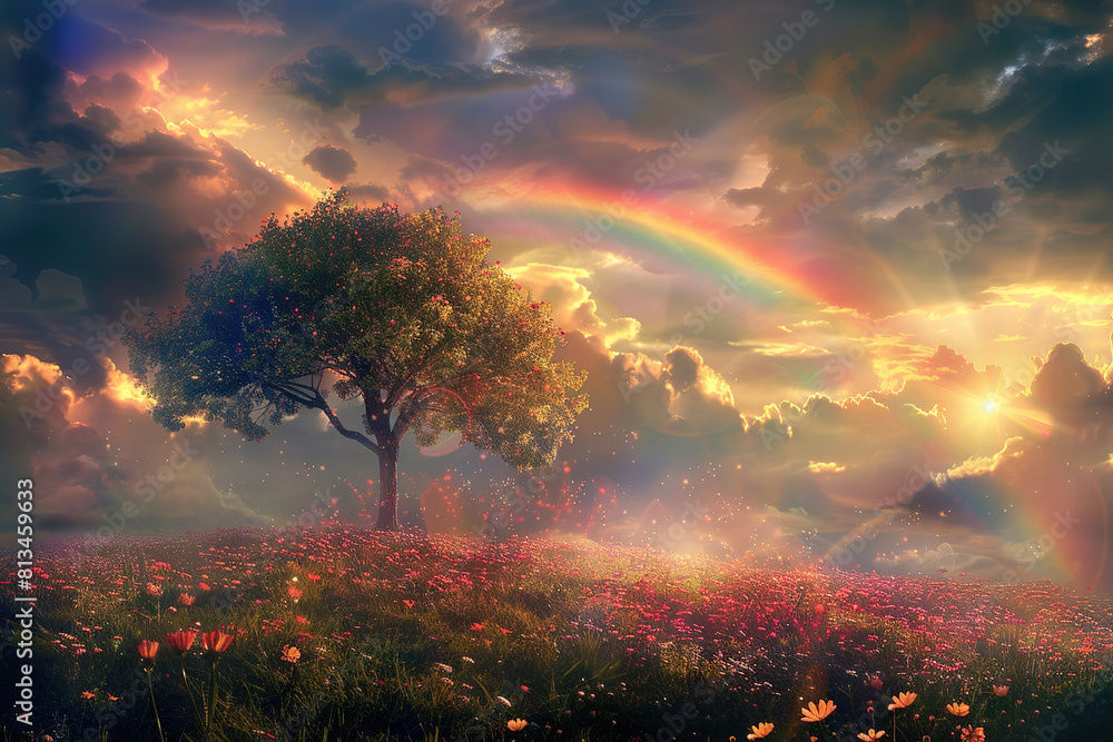 Generative ai on theme of beautiful tranquil landscape with magical bright rainbow at cloudy sky Generative ai on theme of beautiful tranquil landscape with magical bright rainbow at cloudy sky