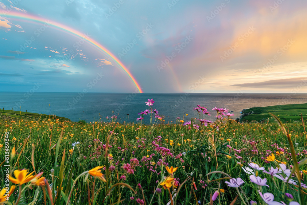 Naklejka premium Generative ai on theme of beautiful tranquil landscape with magical bright rainbow at cloudy sky