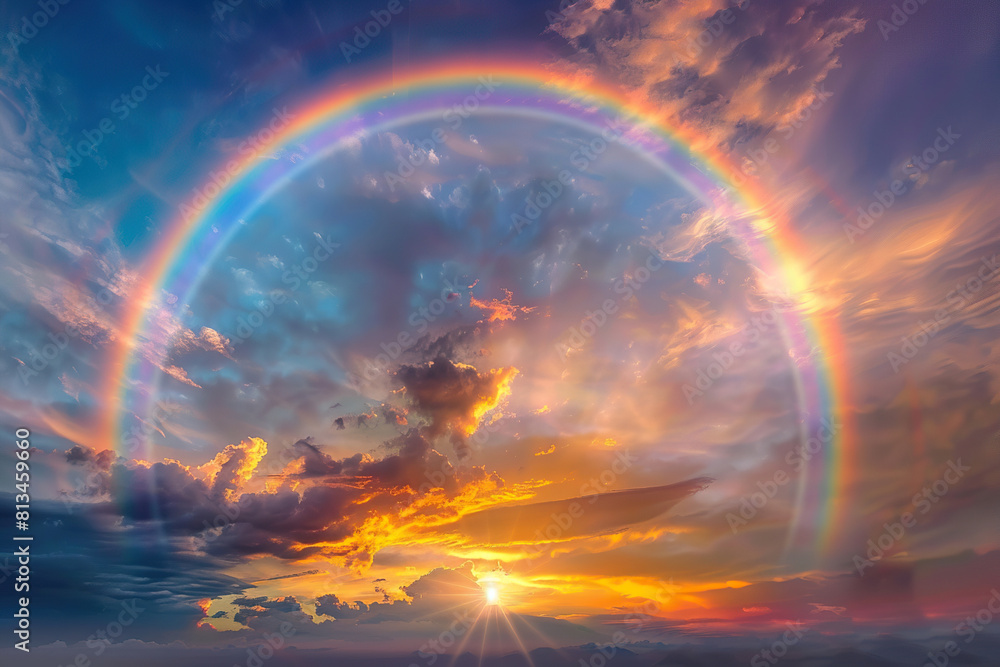 Generative ai on theme of beautiful tranquil landscape with magical bright rainbow at cloudy sky Generative ai on theme of beautiful tranquil landscape with magical bright rainbow at cloudy sky