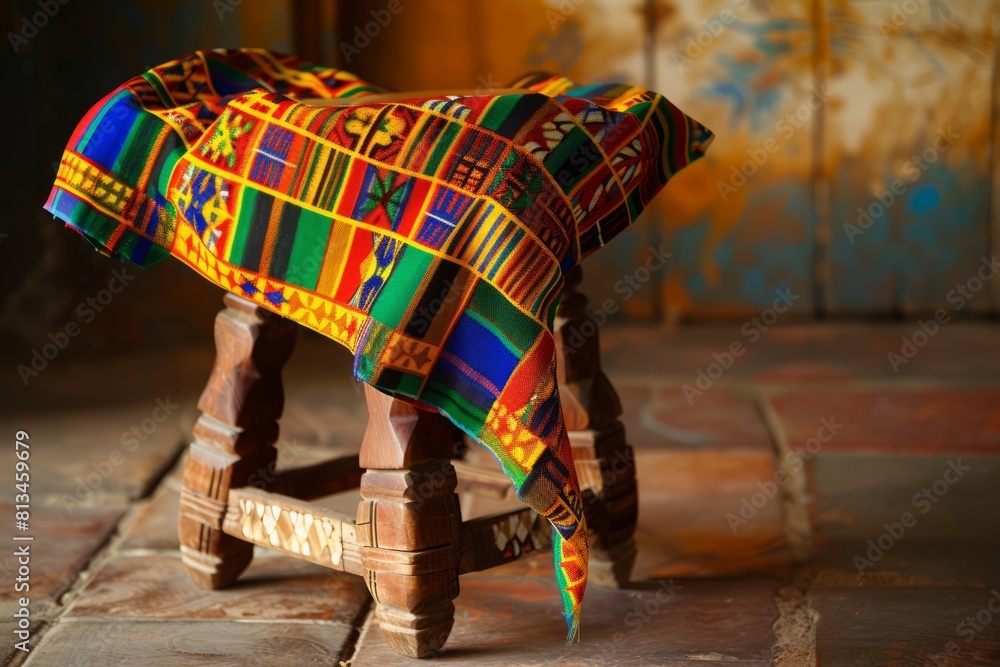 Naklejka premium A Ghanaian kente cloth draped over a traditional wooden stool, with vibrant colors and intricate woven patterns symbolizing cultural pride, Generative AI