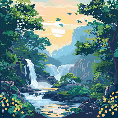 Nature landscape background with waterfall and mountains. Vector illustration in flat style  Beautiful Water fall